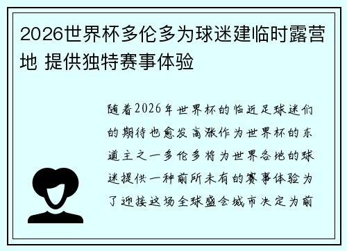 2026世界杯多伦多为球迷建临时露营地 提供独特赛事体验