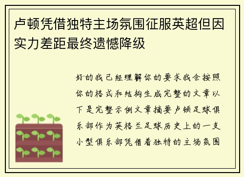 卢顿凭借独特主场氛围征服英超但因实力差距最终遗憾降级